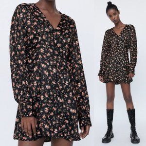 Zara Silky Satin V Neck Floral Print Dress M